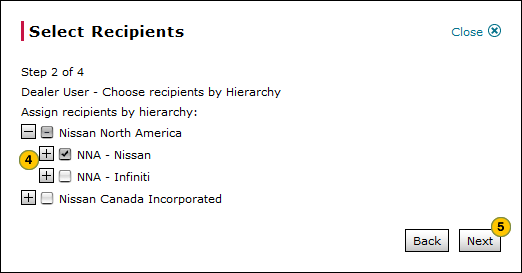 Select dealer recipients by hierarchy, step 2 of 4.